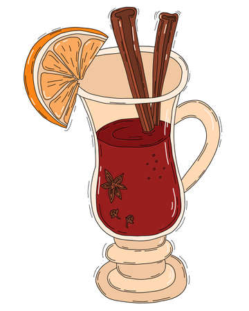 Christmas mulled wine. Vector illustration, hand drawn. cocktail glass with citrus slice, spicy wine, cinnamon sticks, spices, cardamom and cloves. drawing for design, decoration and decor.のイラスト素材