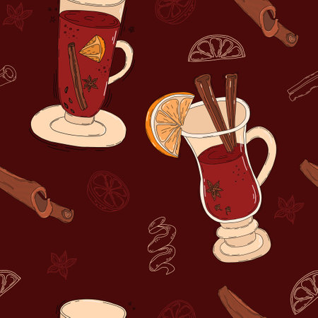 Seamless pattern with Christmas mulled wine. cocktail glass with slice of citrus, red hot wine, cinnamon sticks, spices, cardamom on dark burgundy background. Vector illustrationのイラスト素材