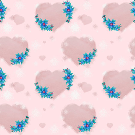 Seamless pattern. Delicate pink hearts with floral pattern from a bouquet of blue flowers and berries on a delicate pink background. Watercolor. Hand drawing for wallpaper, decor, printing, packagingのイラスト素材