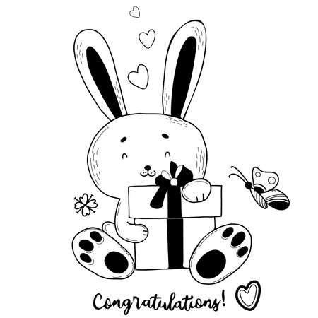 cute rabbit sits with big gift and butterfly. Vector illustration. Postcard in hand drawn linear doodle style. Funny animal for design and decorationのイラスト素材