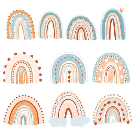Rainbows collection. Scandinavian design. Cute rainbow and cloud. vector illustration. Hand drawn. Kids collection for textiles, packaging and decor, wallpaper and designのイラスト素材