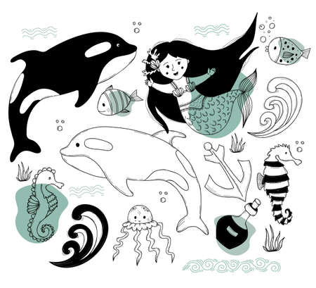 Set of mythical women and sea animals. Cute mermaid, whale and killer whale, fish, jellyfish, seahorse and wave. Vector isolated outline illustrations, in style of linear doodles for designのイラスト素材