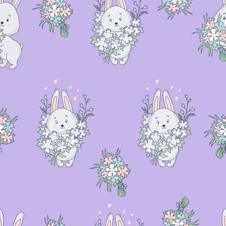 Seamless pattern with cute gray rabbits and large bouquet of flowers on light purple background. Vector illustration. For packaging, wallpaper, printing, textiles and decorのイラスト素材