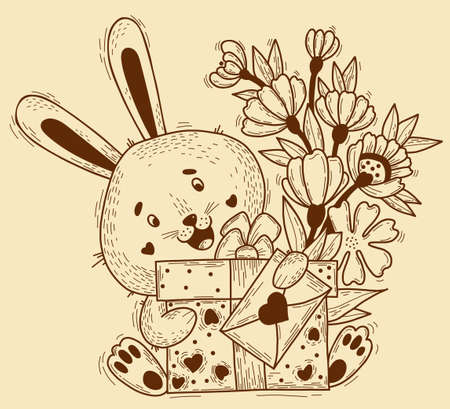 Rabbit character. Cute happy easter bunny with big gift, letter and flowers. Vector illustration. Hand card in linear handmade. Funny animal for design and decoration, greeting cardsのイラスト素材