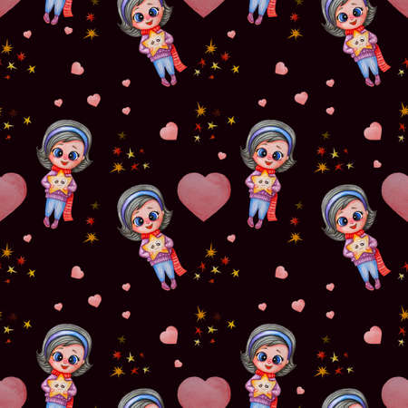 Seamless baby pattern. Cute girl in winter clothes with star on burgundy background with heart with stars. Waterolor. kids collection for decoration and design, wallpaper and printing .のイラスト素材