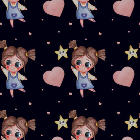 Seamless baby pattern. Cute girl with haircut reaches for star on black background with hearts. Watercolor. kids collection for decor and design, wallpaper and printing.のイラスト素材