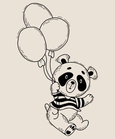 cute panda in striped T-shirt flies on balloons. Vector illustration. Cute animal in hand drawn linear style for kids collection and postcards, design, decor and print.のイラスト素材