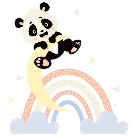 Cute panda character hanging on moon, rainbow with clouds and stars. Vector illustration. Cute animal in scandinavian style for nursery and posters, kids collection, design, decor and print.のイラスト素材