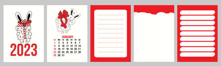 Vertical set calendar template for January 2023 with cute rabbit with gift and planner pages, notes, to do list. vector illustration. Week from Sunday. in english. year of rabbit to Chinese calendarのイラスト素材
