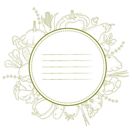 Beautiful round frame sticker made of linear hand drawn vegetables and root crops. Mushrooms, pumpkin, pepper and onion, cabbage and eggplant. Vector illustration for menu design and decorationのイラスト素材
