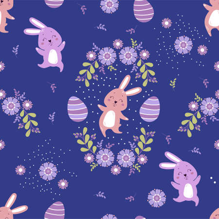 Seamless pattern. Happy cute easter bunnies with easter eggs and flowers on blue background. vector illustration. For Easter decoration and design, decor, print, packaging and wallpaperのイラスト素材