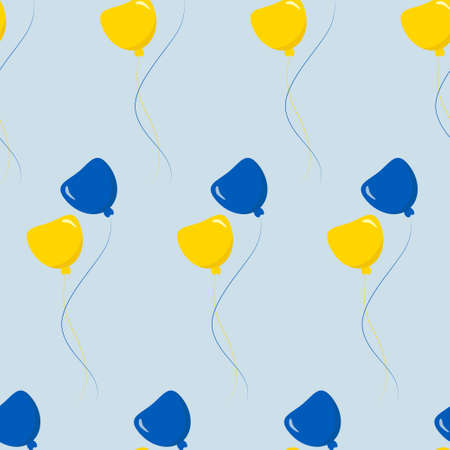 Seamless pattern. Yellow-blue balloons on a light blue background. Vector illustration for design, decor, wallpaper, wrapping paper, textile and printのイラスト素材