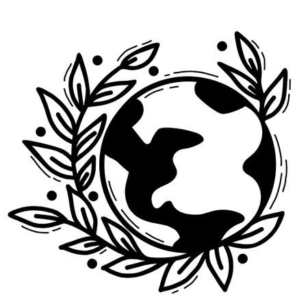 Ecology concept Clean planet. planet earth with sprout and leaves. vector illustration. Linear hand drawn doodle isolated on white background for eco design and decorのイラスト素材