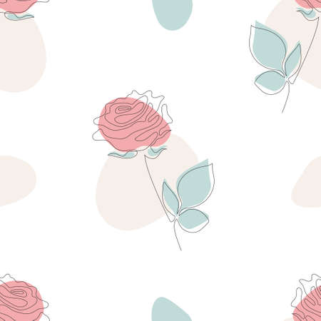 Floral seamless pattern. Beautiful line rose with abstract spots on white background. vector illustration. Botanical drawing line art for decor, design, print, packaging, wallpaper and textileのイラスト素材