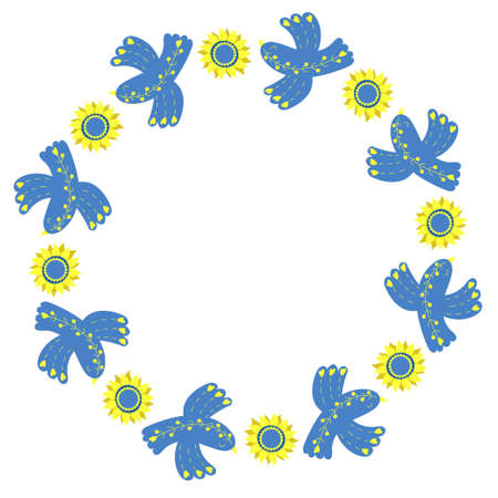 Round frame with decorative blue birds and yellow flowers sunflower. napkin in yellow and blue tones, colors of Ukrainian flag. vector illustration. Floral pattern for decor, design, print and napkinsのイラスト素材