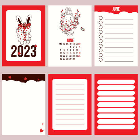 Collection calendar template for June 2023 with cute rabbit of flowers and planner pages, notes, to do list. vector illustration. Week from Monday. in english. 2023 year of rabbit to Chinese calendarのイラスト素材