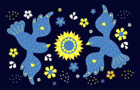 Ukrainian poster with yellow and blue birds with sunflower and flowers on dark blue background. Vector illustration. color of Ukrainian flag. Decorative card for decor, design, print.のイラスト素材
