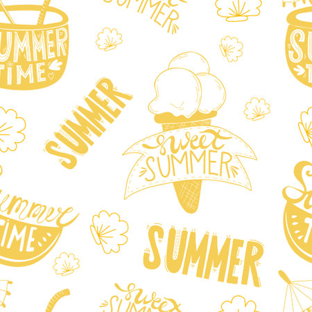 Seamless summer pattern. slice of watermelon, cocktail and ice cream with inscription Sweet Summer and Summer time on white background with seashells. Vector illustration for design, decorのイラスト素材