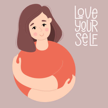 Postcard Love yourself. Pretty woman with hairstyle hugging herself. Concept Love yourself and find time for yourself and care. Vector illustration Cute character in flat styleのイラスト素材