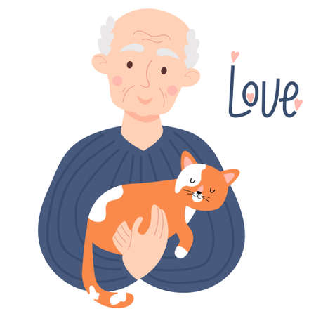 Cute happy elderly man with sleeping ginger cat. vector illustration. concept of love for pets and happy old age. Old man character in flat style for postcards, design, decoration and coversのイラスト素材