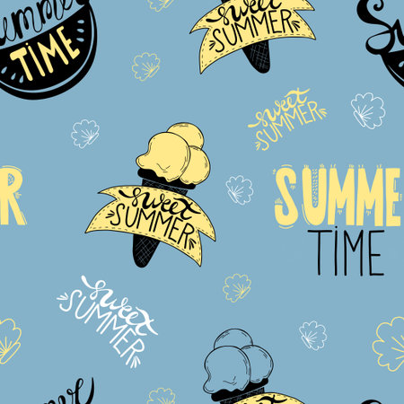 Vector Seamless summer pattern. slice of watermelon with inscription Summer time and lettering ice...