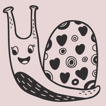 Cute decorative snail with hearts. Linear hand drawn doodle. Funny mollusk-snail. vector illustrationのイラスト素材
