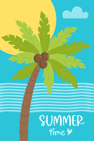 Summer time poster with sea, sun and palm tree. vector illustration. Beautiful Summer Vertical map of tropical beach for flyers, postcards, advertising and travel brochuresのイラスト素材
