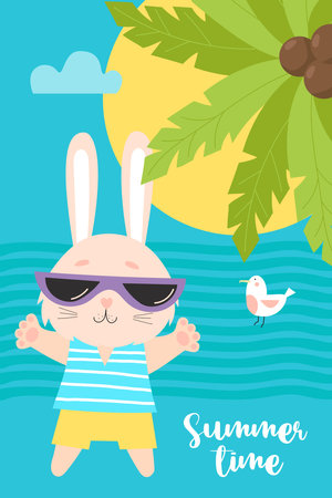 Summer time poster with cute hare tourist, sea, palm tree and seagull. vector illustration. Vertical card of summer rabbit character on tropical beach for flyers, cards, advertising, travel brochuresのイラスト素材
