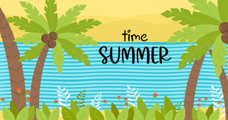 Tropical horizontal postcard - Summer time. Sea, flowers, palm trees and tropical landscape. vector illustration. Tropical sea landscape for design, decor, printing, travel flyers and advertisementsのイラスト素材