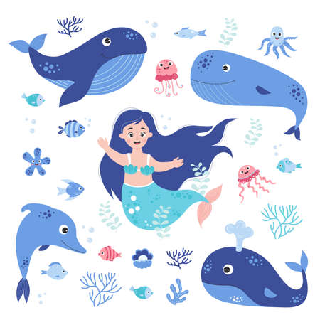 Cute mermaid and sea animals, blue whale and dolphin, fish and jellyfish, octopus and pearl with corals. vector illustration. Isolated elements Collection of underwater world for design and decorのイラスト素材