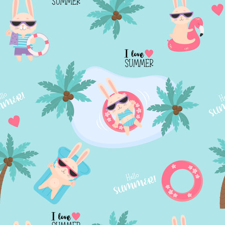 Summer tropical seamless pattern. Funny beach bunnies in sunglasses swim on waterproof inflatable...