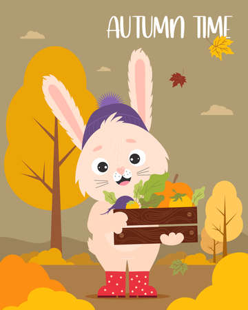 Autumn card with Cute hare in rubber boots and wooden box of vegetables on background of an autumn landscape. Vector illustration with funny farmer rabbit autumn time - for design, postcards, flyer.のイラスト素材