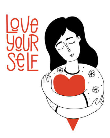 Love yourself. cute girl with big red heart hugs herself. Vector illustration in hand drawn doodle style. Concept of self-love, care and find time for yourself.のイラスト素材