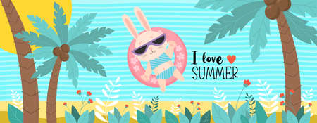Tropical postcard - I love Summer. cute bunny in swimsuit and sunglasses floats on waterproof rubber ring on sea with palm trees and tropical landscape. Vector horizontal illustration. Summer hareのイラスト素材