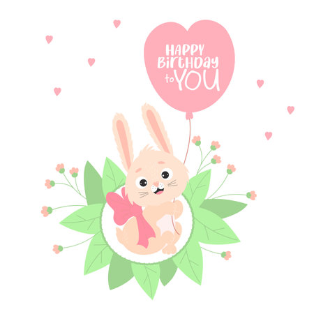 Cute little bunny with bow and balloon. greeting card - Happy birthday to you. vector illustration. beautiful Rabbit character For design, decor, print, postcards, congratulationsのイラスト素材