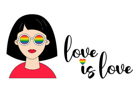 Young cute lesbian girl in rainbow glasses. LGBT Pride Month. love is love. LGBT flag pride in rainbow colors. vector illustration. LGBTQ symbols. human rights and tolerance. Groovy celebrationのイラスト素材
