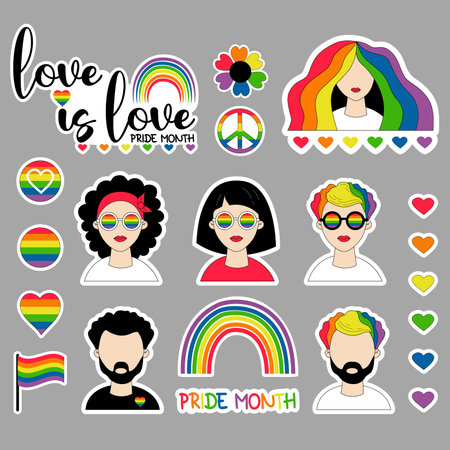 LGBT Pride Month collection stickers. LGBTQ community vector symbols, lesbian girls and gay man, pride flags, rainbow, love elements and heart. Gay Pride Month, groovy celebration. LGBT icons isolatedのイラスト素材