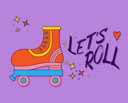Retro roller skate drawing. Lets roll Hand drawn cartoon vector illustration is on purple backdrop. Nostalgia for 1980s-1990s. Funny print for sticker, poster, graphic tee, bullet journal coverのイラスト素材
