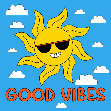 Funny cartoon character. Groovy element funky sun in dark glasses on sky with clouds. Vector illustration trendy retro cartoon style. Good vibes. Comic element for sticker, square poster, card.のイラスト素材