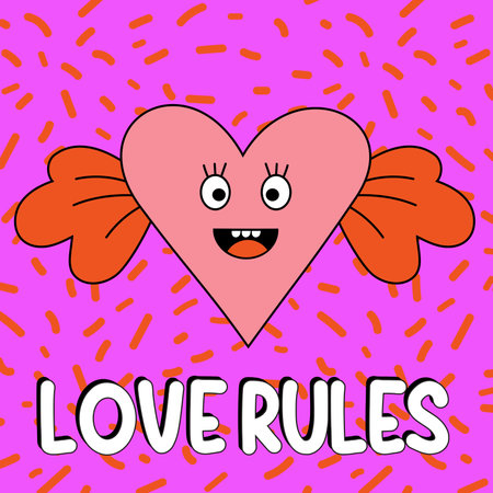 Funny cartoon character. Groovy element funky heart with wings. Love rules. Vector illustration trendy retro cartoon style. Comic element for sticker, square poster, graphic tee print, card.のイラスト素材