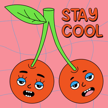 Cute vector fruit sticker pack. Groovy element funky pair of cherries with funny faces. Funny...