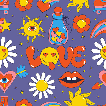 Retro Seamless pattern with 70s, 80s, 90s vibes groovy elements. Stickers nostalgia Love, cartoon funky daisy flowers, sun, roller skates, broken heart, lips on purple background. vector illustrationのイラスト素材