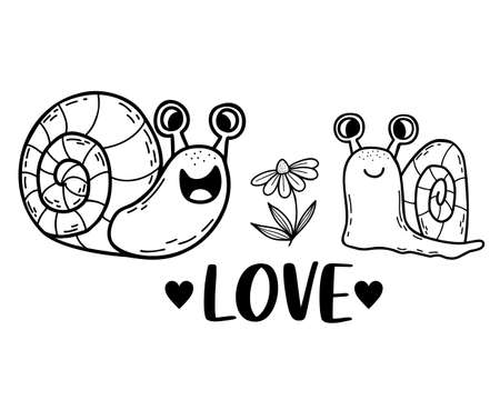pair of cute snails in love. flower and word love. Linear hand drawn doodle. Funny character clam snail. vector illustration. For greeting cards, posters, design and decor, valentinesのイラスト素材