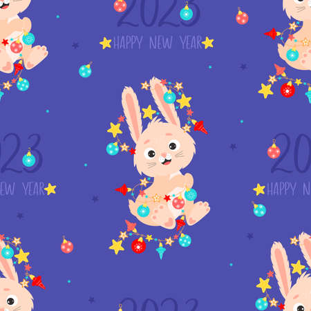2023 Year of the Rabbit. Seamless pattern with symbol of year cute bunny character with garland on blue background Happy New Year. vector illustration. Chinese new year 2023 Zodiac sign Rabbitのイラスト素材