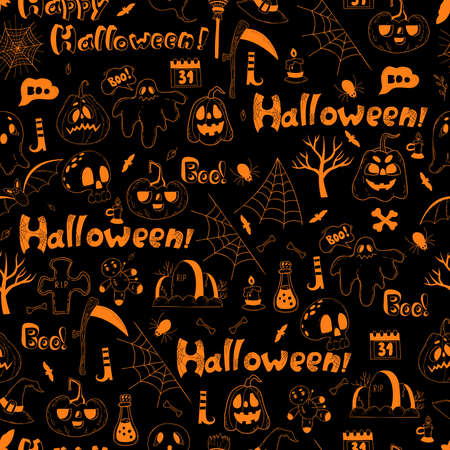 Halloween seamless pattern. Jack pumpkin, ghost, grave, skull, bones and bats, scythe and broom, cobweb, potion and voodoo doll on black background. vector illustrationのイラスト素材