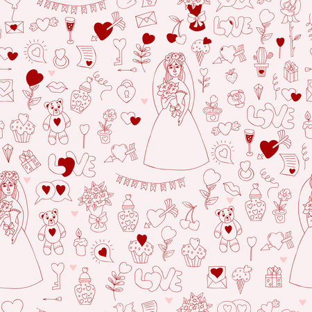Seamless wedding pattern. Cute bride in wedding dress with bouquet, toy teddy bear, cake and an arrow in heart on white background. Linear doodle. Vector illustration for design, decor, wallpaper.のイラスト素材
