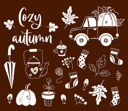 Cozy autumn set hand drawn doodles. Pumpkin truck, berries and autumn leaves, flowerpot, fly agaric, pumpkin, umbrella, teapot with cup and knitted socks. Vector isolated outline elements.のイラスト素材