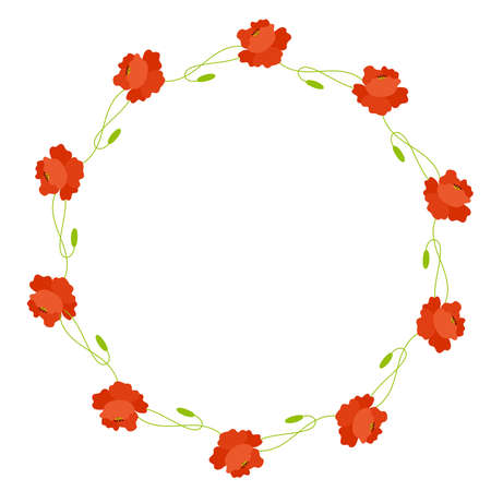 Round frame with blooming red poppy flowers with bud. Postcard napkin, decoration. Vector illustration. Floral pattern for decor, design, print and napkins.のイラスト素材