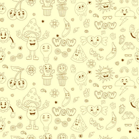 Retro seamless pattern with groovy elements Vector linear hand drawn doodle style. Cartoon characters with faces funky flower power, cactus flower pot, cherry, mushroom, Melting smile face and heart.のイラスト素材