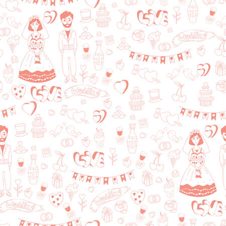 Seamless wedding pattern. Couple of newlyweds, bride and groom, hearts, cake, garland and gifts on white background. Linear hand drawn doodle. Vector illustration for design, decor, wallpaper, print.のイラスト素材